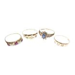 Four assorted rings comprising 18ct gold and three stone diamond ring, size N, together with a