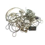 Assorted silver and white metal jewellery to include snap bangle, bar brooches, necklaces, Blue