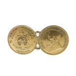 Bar brooch formed from two South African ½ Pond coins, 1896 and 1897, 8.8g gross approx