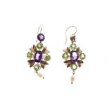 Pair of yellow metal, pearl and gem-set earrings in 'Suffragette' colours of green and purple,