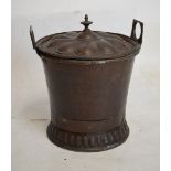 Copper finish two handled tapered cylindrical coal box with gadrooned cover, vintage kitchen