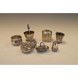 Group of silver miniature comprising two coal buckets, largest 6cm high, basket, acorn thimble case,