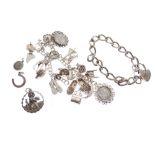 Silver curb-link bracelet with heart-shaped padlock, together with a charm bracelet and eighteen