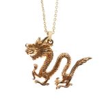 Chinese yellow metal dragon pendant stamped Wahing 14K 585, with fine belcher-link chain stamped