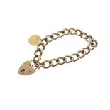 9ct gold curb-link bracelet with heart-shaped padlock and pierced 1856 French 5 Francs coin as