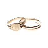 9ct gold wedding band of three-colour design, size N, together with a yellow metal ring with