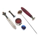 Small collection of objects of virtue to include white metal and agate circular patch or pill box,
