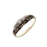 Late Victorian/Edwardian unmarked yellow metal ring set five graduated old-cut diamonds to scroll