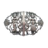 Indian white metal buckle, Dass & Dutt, Bhowanipore, Calcutta, cast with deities between