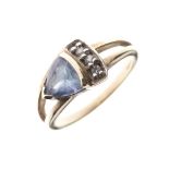 9ct gold dress ring set triangular pale blue stone and three small diamonds, size N, 3g gross approx