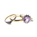 22ct gold wedding band, together with a 9ct gold dress ring set central amethyst-coloured oval