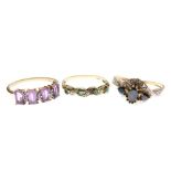 Three 9ct gold dress rings, one set three sapphires within textured platinum mount, 6.8g gross