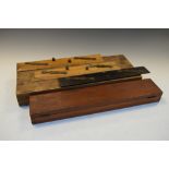 Group of scientific instruments to include cased brass slide rule, three parallel rules,