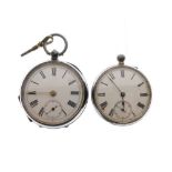 Two silver open-face pocket watches, the larger 53mm diameter (2)