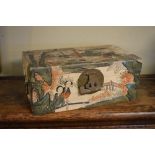 Oriental paper covered and hand painted box having hinged cover with engraved brass lock plate and