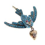 Unmarked yellow metal and white metal, turquoise and diamond-set pendant in the form of a dove or