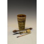 19th Century turned ivory desk seal, 7cm long, together with a turned horn cylindrical beaker with
