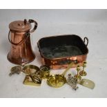 Large copper vessel having hinged cover, a large copper rectangular pan, various brassware, etc