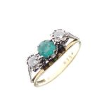 18ct gold, emerald and diamond three stone ring, with central emerald between two brilliants, size