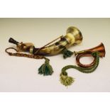19th Century hunting horn, having white metal mounts and tassels, together with small copper horn,