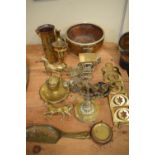 Quantity of brass decorative ornaments, oak silver plated bound fruit bowl, trench art shell case,