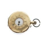 Continental yellow metal half hunter cased pocket watch, white Roman dial with subsidiary at VI,
