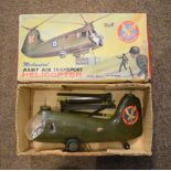 Marx Toys made mechanical army air transport helicopter with revolving blades, within original box