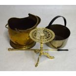 Brass tripod trivet, brass preserve pan and a coal bucket