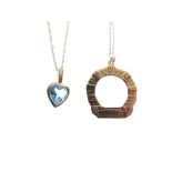 9ct gold heart-shaped pendant set aquamarine-coloured stone, together with a yellow metal chain