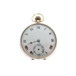 Early 20th Century 9ct gold open-face pocket watch, white Roman dial with subsidiary at VI, 15-jewel