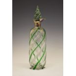Late Victorian silver-mounted clear and green glass decanter bottle, with spirally-moulded tear drop