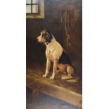 Mabel Brook (20th Century) - Oil on canvas - Foxhound in a stable, signed lower left, 91.5cm x 43cm,