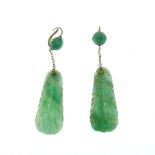Pair of carved jade drop earrings, the tapering panels carved as fruit, on a chain suspension set