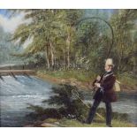 Attributed to Thomas Creswick (1811-1869) - Oil on board - 'Fly fishing at the stop near Mrs