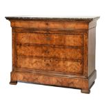 19th Century Continental Biedermeier walnut chest of drawers, the fossil marble top over shaped