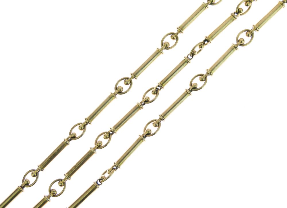 9ct gold baton link chain, to a box clasp with a safety catch, 83cm long, 37g gross Condition: