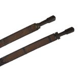 Two Bhutanese short swords 'BHA', grips of hardwood, wrapped with metal bands, flat single edged
