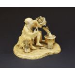 Japanese Meiji period carved ivory okimono of a gentleman bonsai-grower, with pruning shears in