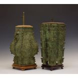 Two Chinese bronze Archaistic-style table lamps, one of tapering rectangular form, the other