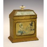 19th Century T. Godley tin plate tea caddy with ceramic finial with central decorative glazed panel,