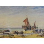 J.P.S. (19th Century English School) - Watercolour - Fishing folk landing the catch, monogrammed and