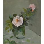 Edward Wesson, RI RBA (1910-1983) - Oil on board - 'Pink roses in a glass jar', signed lower