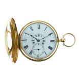Victorian 18ct gold half hunter-cased pocket watch, white Roman dial with matching inner dial over