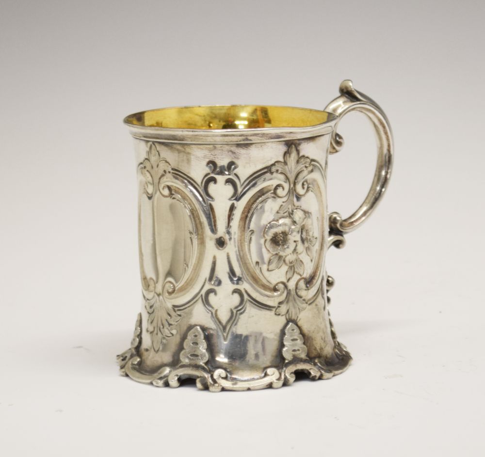 Victorian silver Christening mug, of slightly waisted cylindrical form with repousse scroll and