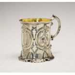 Victorian silver Christening mug, of slightly waisted cylindrical form with repousse scroll and