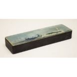 19th Century black-lacquered papier-mâché pen box, the hinged rectangular cover painted with a