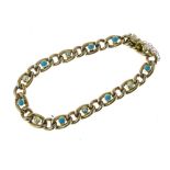 Edwardian turquoise and seed pearl bracelet, stamped '15', the hollow curb links alternate set