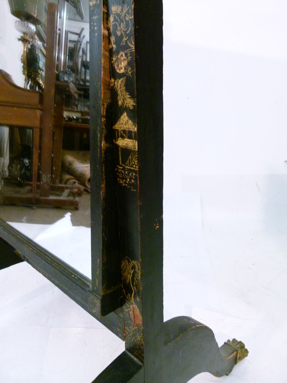 Regency black-lacquered chinoiserie cheval mirror, the plain rectangular plate within moulded - Image 5 of 10