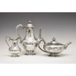 Early Victorian silver three-piece tea service, comprising: pear-shaped coffee pot, milk jug and