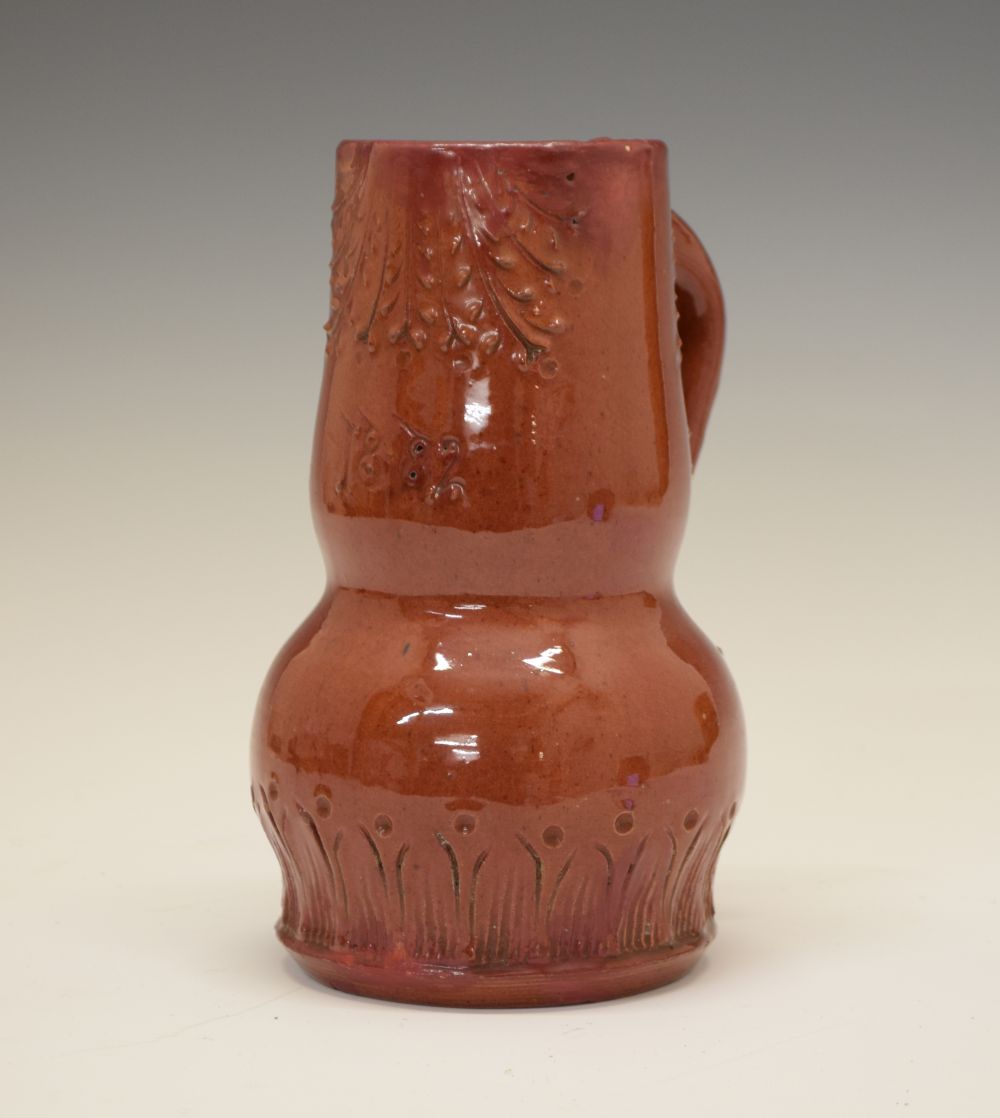 Elton Ware - dated late 19th Century jug, 1882, decorated with foliage on a brown ground, base